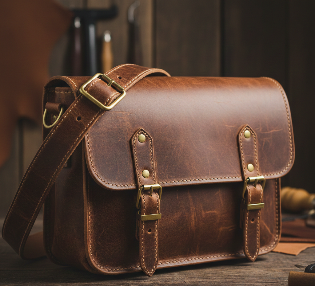 Handcrafted leather messenger bag with brass hardware and adjustable strap