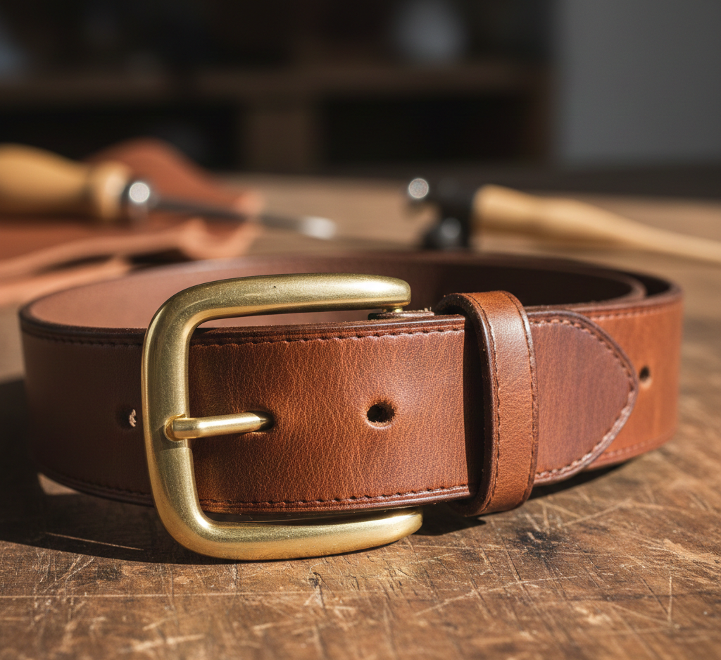 Full-grain leather belt with solid brass buckle